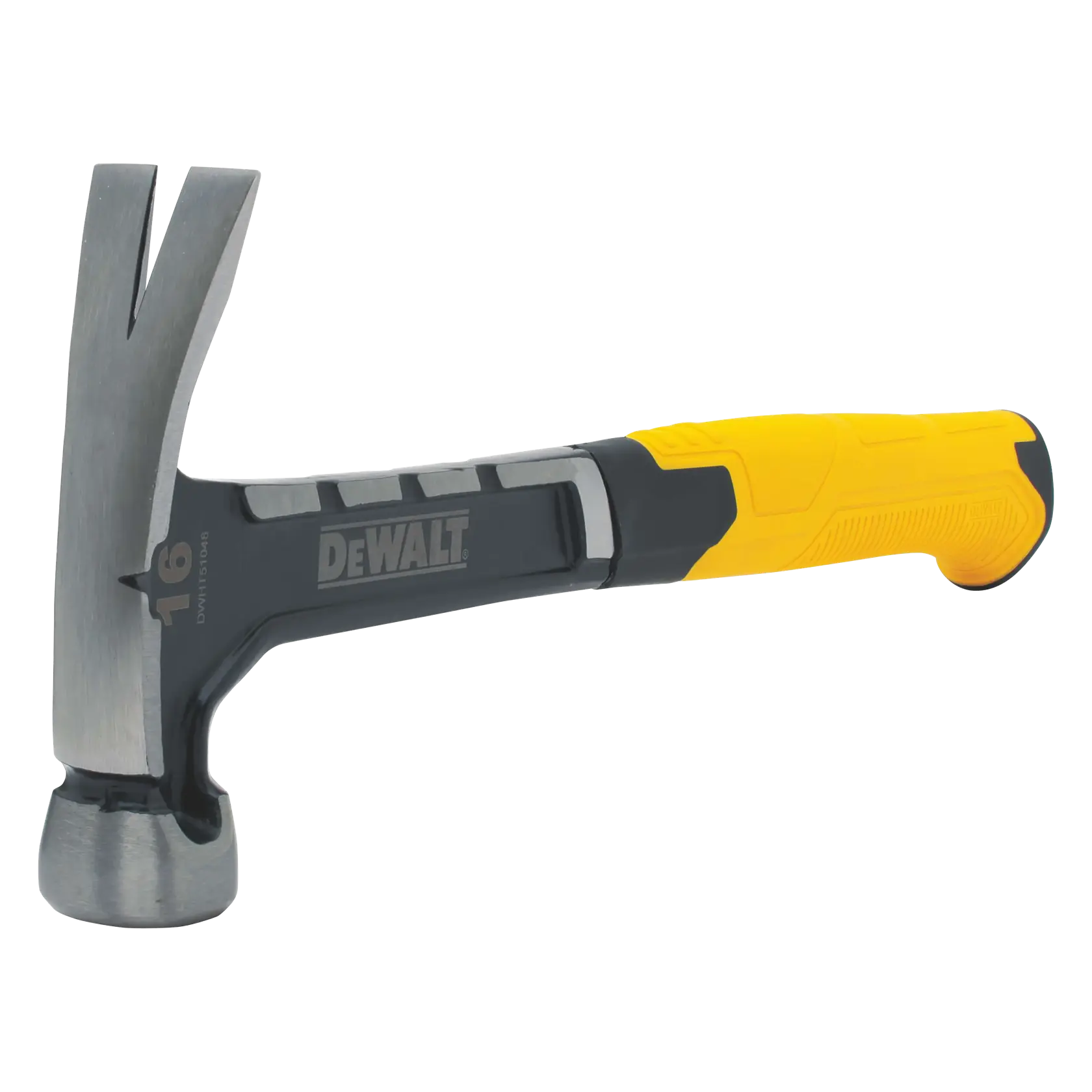 A DEWALT claw hammer with a yellow and black handle and steel head.