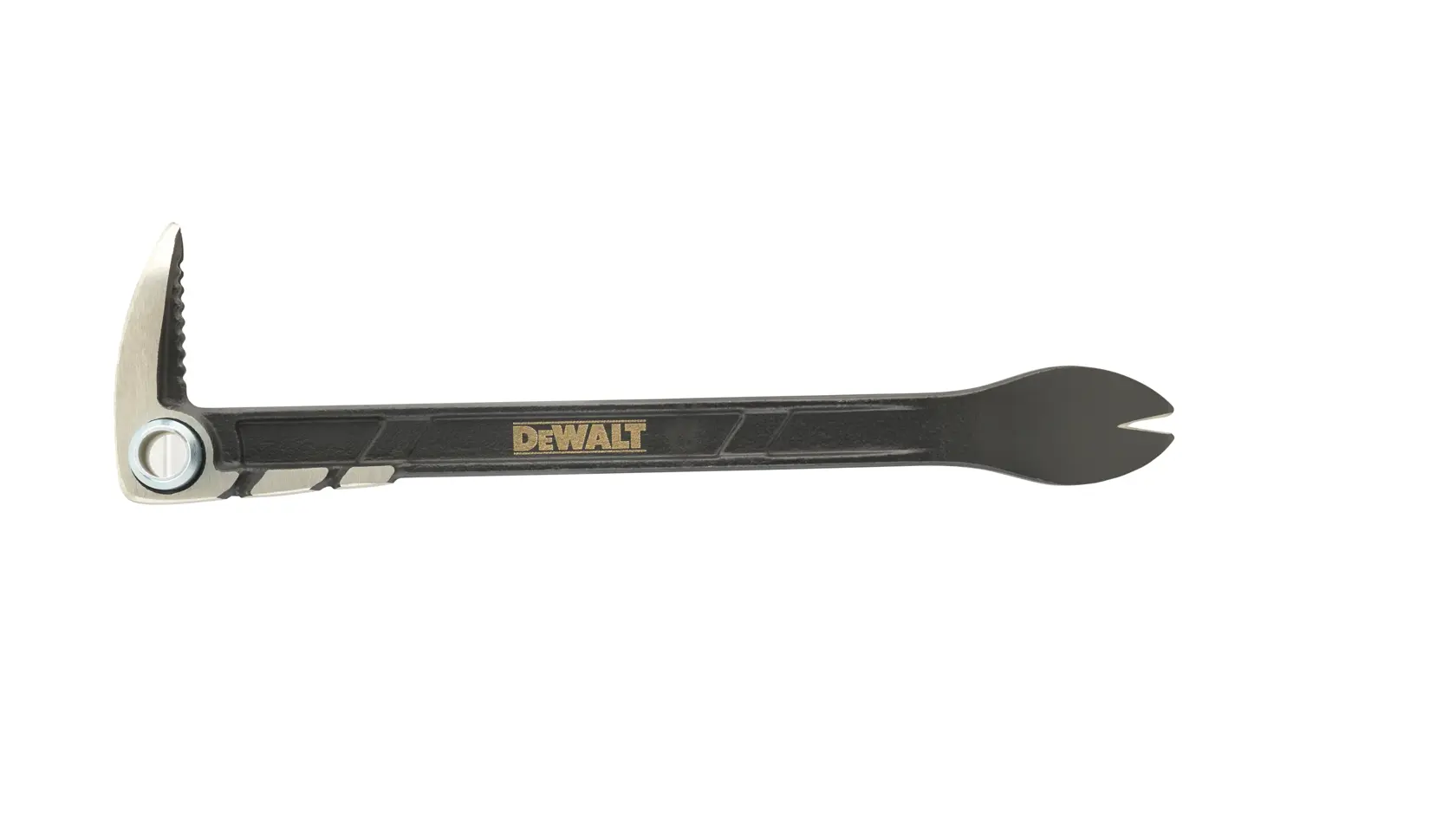 DEWALT black pry bar tool with forked and angled head for demolition or nail removal.