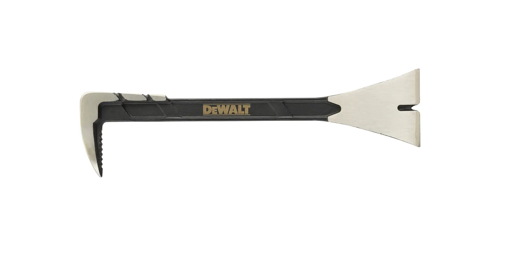 DEWALT utility bar with a black handle, serrated claw end and flat pry end for construction or demolition tasks.