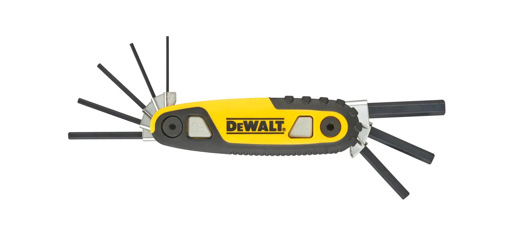 DEWALT folding hex key set with multiple hex keys extended, black and yellow handle.