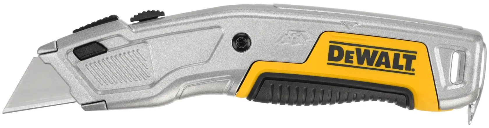 A DEWALT utility knife with a retractable blade, silver body, and yellow and black accents. The DEWALT logo is visible on the handle.