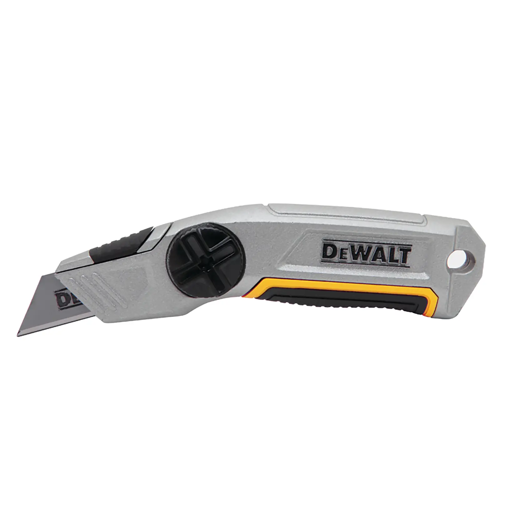 A DEWALT utility knife with a retractable blade and ergonomic handle, featuring a silver body with black and yellow accents.