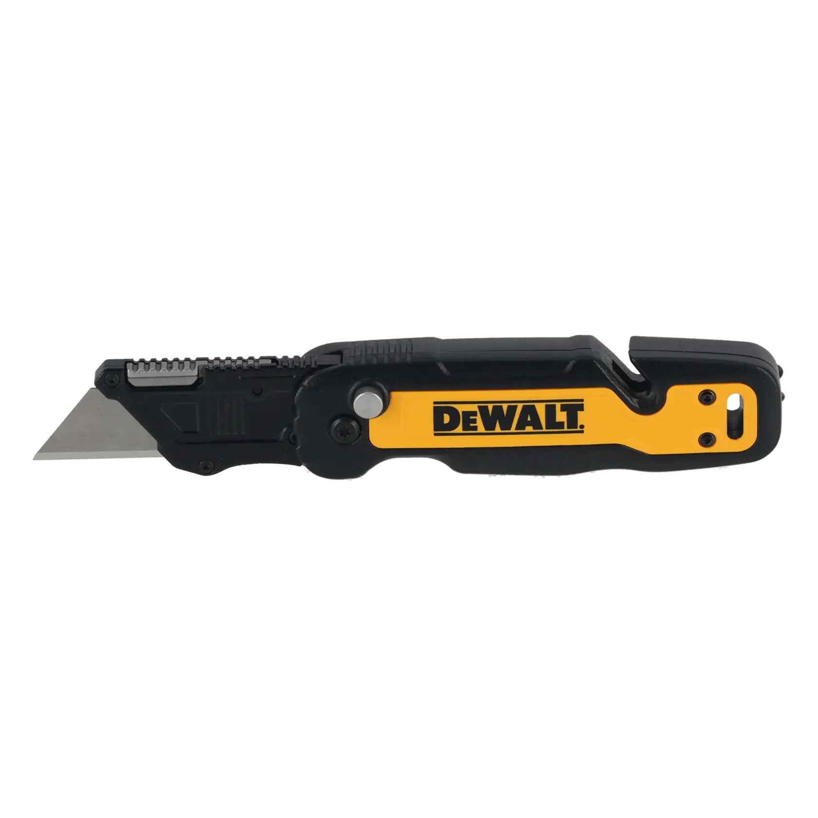 DEWALT folding utility knife with black and yellow handle, visible blade and integrated cutting tool.