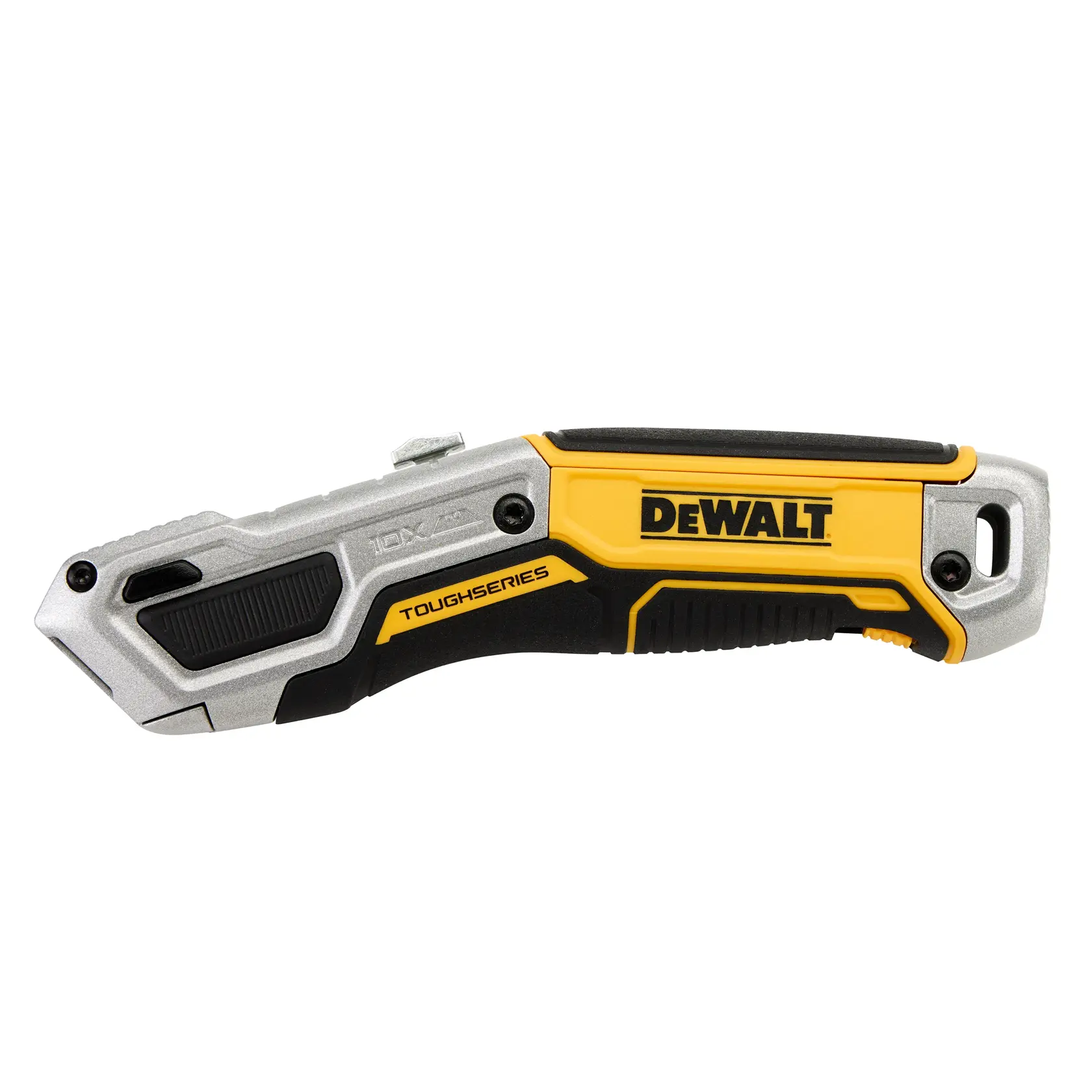 DEWALT ToughSeries utility knife with a silver, black, and yellow handle, closed and seen from the side.