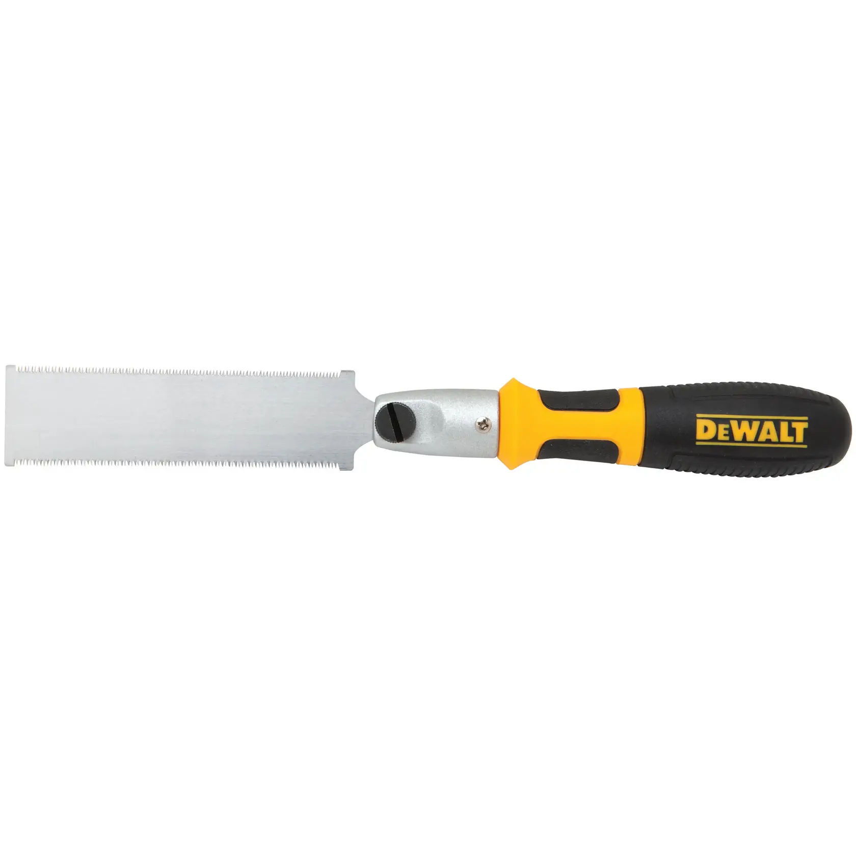 A hand saw with a rectangular blade and a black and yellow handle featuring the DEWALT logo.