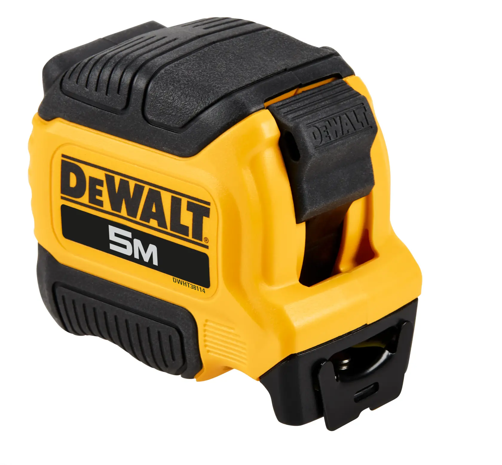 A DEWALT 5 meter yellow and black measuring tape with a rugged casing, designed for durability.