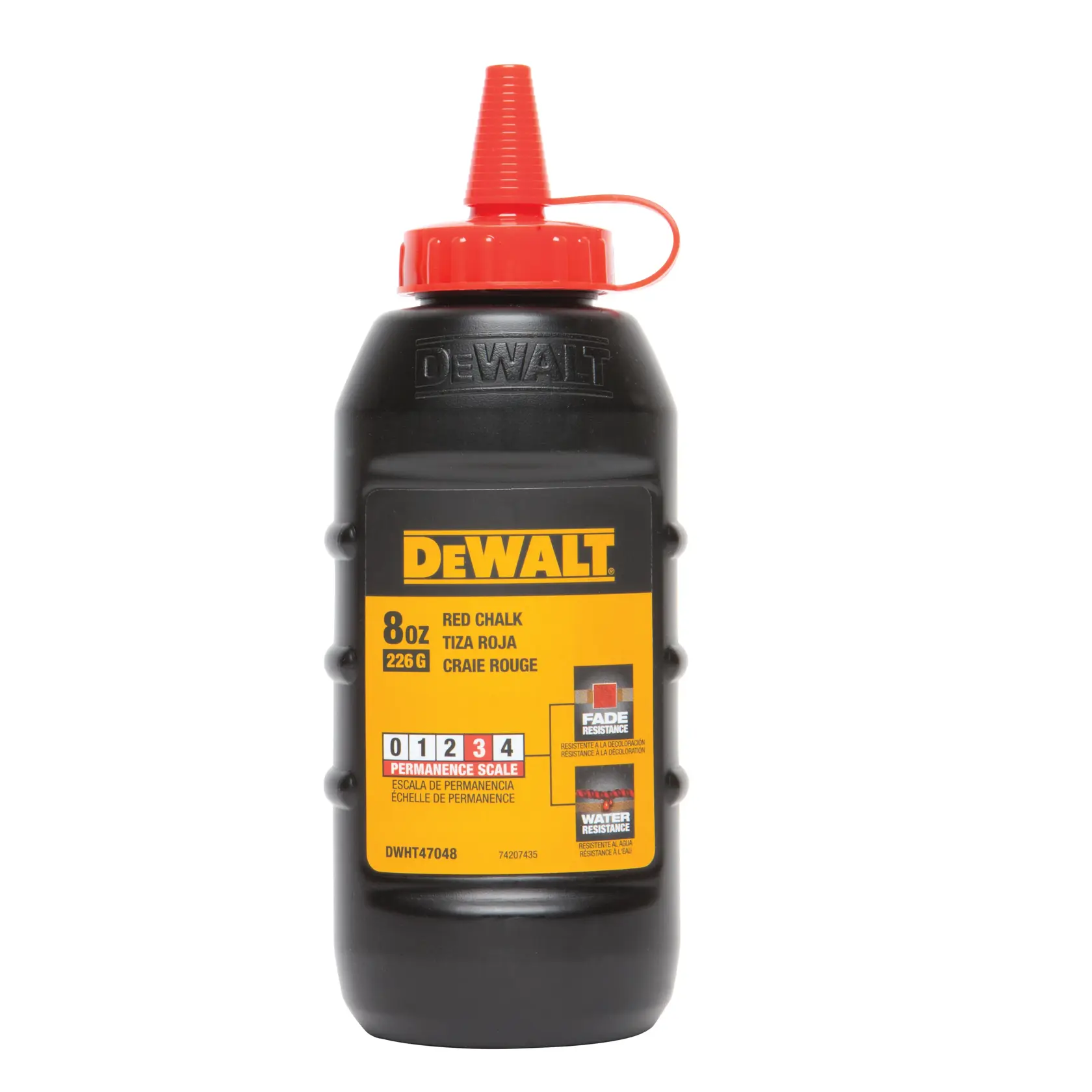 A bottle of DEWALT red chalk for marking, featuring an 8 oz (226 g) capacity, with a black body and a red dispensing cap. The label highlights fade and water resistance as well as a permanence scale.