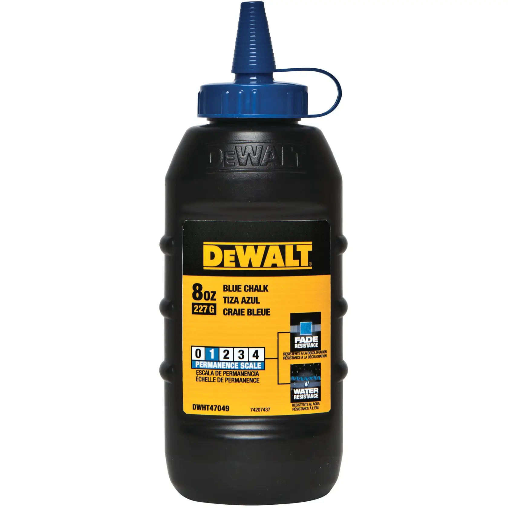 A bottle of DEWALT blue chalk, 8 ounces (227 grams), with a blue nozzle. The bottle is black with a yellow label displaying product information, including fade and water resistance.