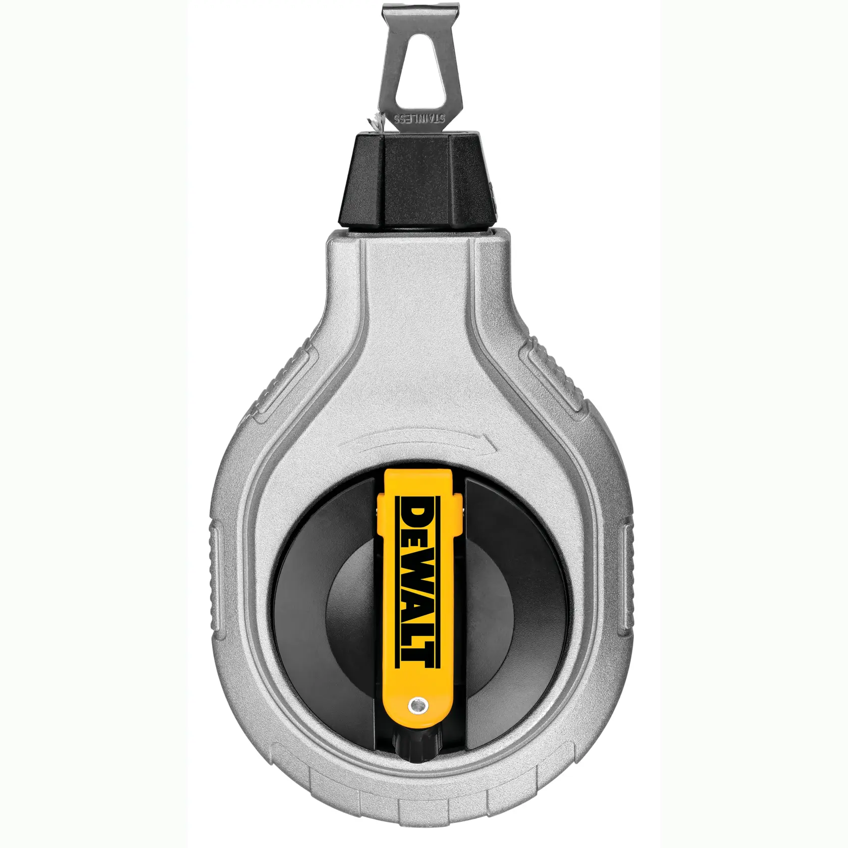 Front view of a DEWALT chalk line reel with a silver and black body and a yellow DEWALT-branded clip.