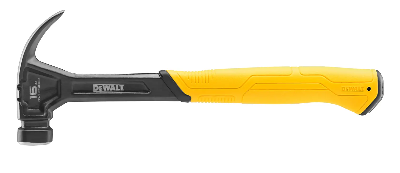 A DEWALT claw hammer with a yellow and black handle, shown against a white background.