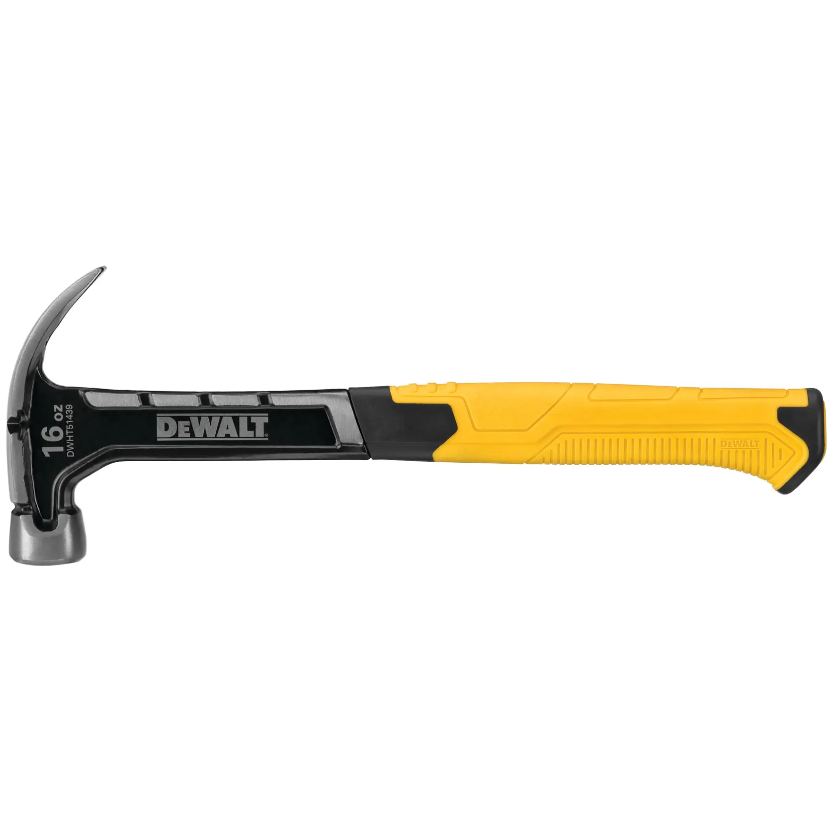 A DEWALT claw hammer with a black and yellow ergonomic handle and a 16 oz metal head, shown against a white background.