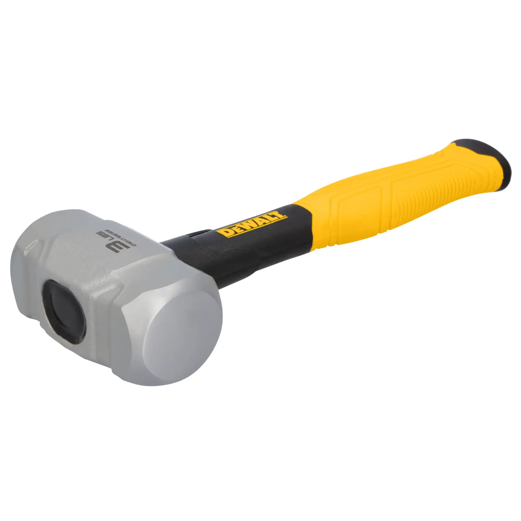 A DEWALT 3 lbs sledgehammer with a yellow and black handle, model DWHT56152. The hammer has a solid metal head and a textured grip.