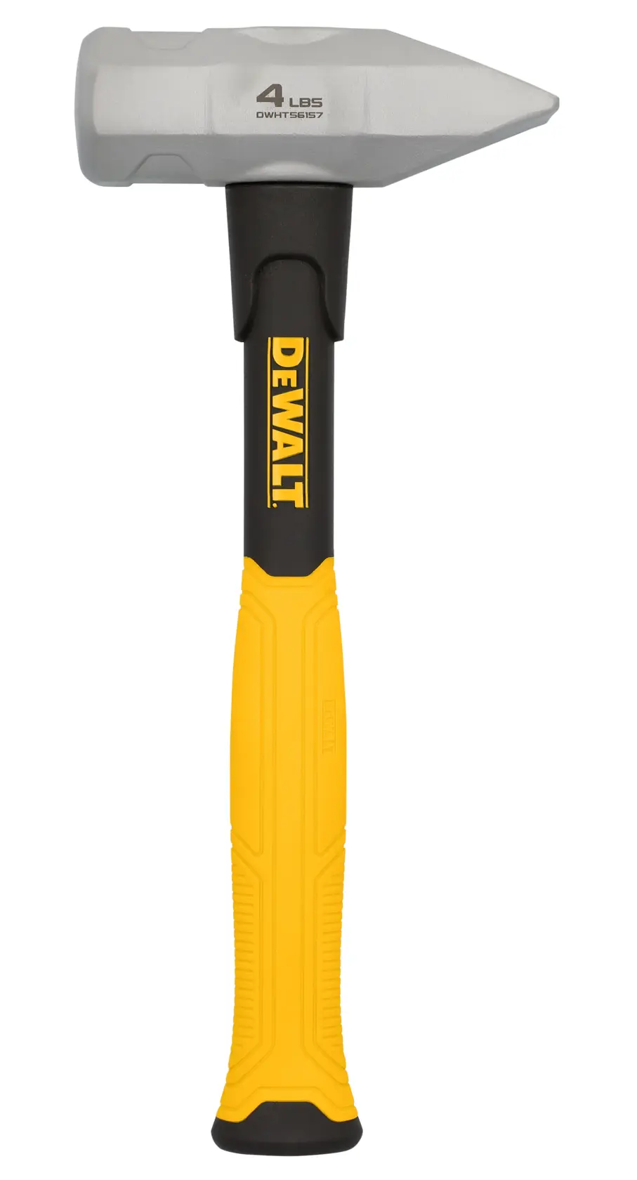DEWALT 4 lb sledgehammer with yellow and black handle, pointed steel head, designed for heavy-duty tasks.