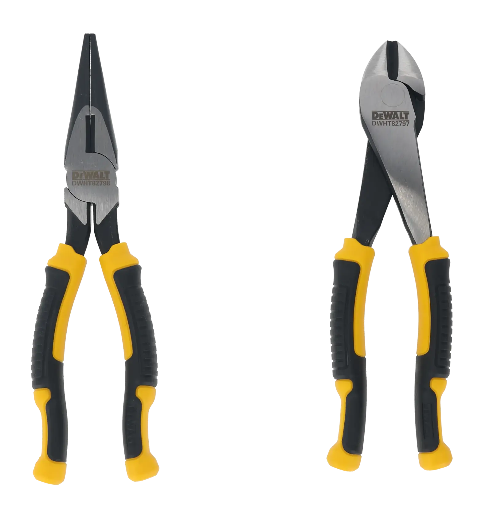 Two DEWALT pliers with yellow and black handles are shown against a white background. One is a long nose plier, and the other is a diagonal cutting plier.