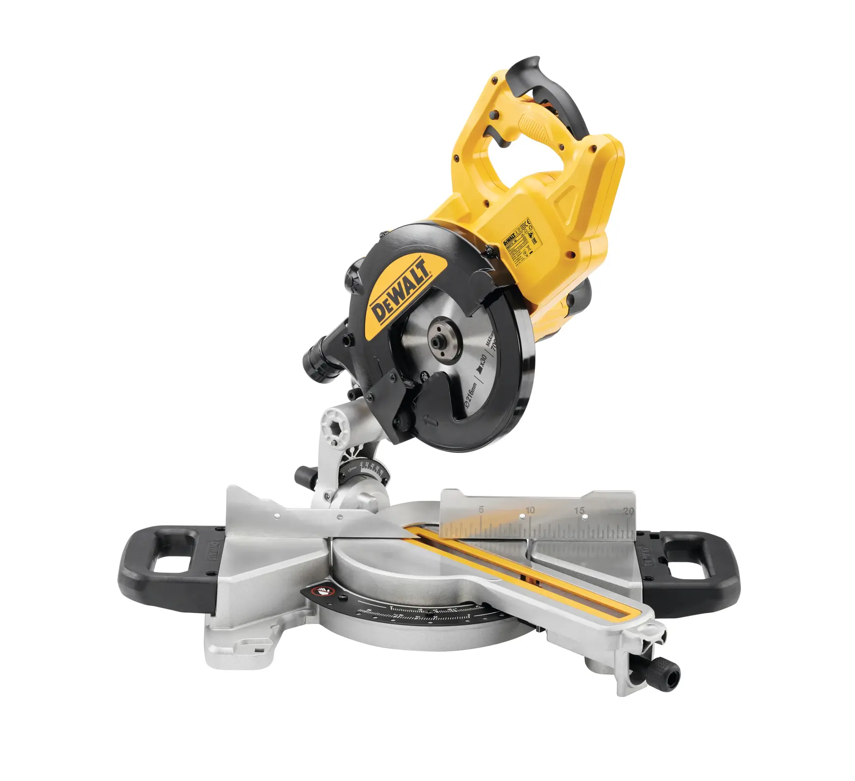 DEWALT DWS773 yellow and black mitre saw for precise wood and material cutting, shown on a white background.