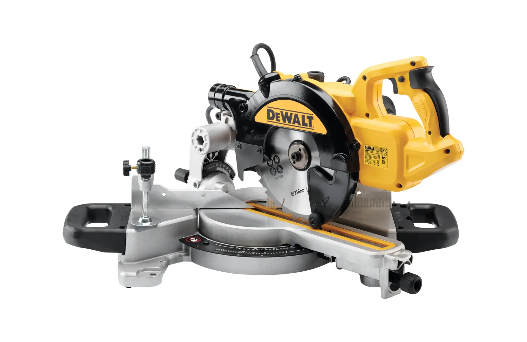 DEWALT DWS773 yellow and black miter saw with ergonomic handle and precision cutting guide.