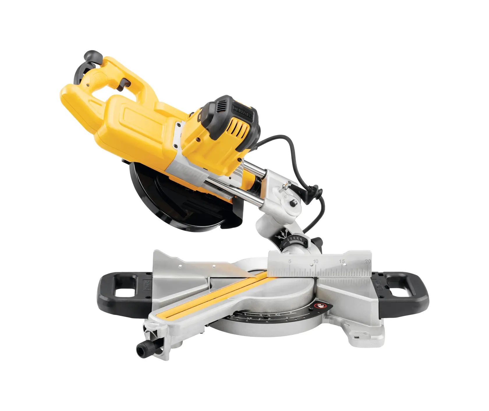DEWALT DWS774 compound miter saw side view on white background, yellow and silver body with black accents.