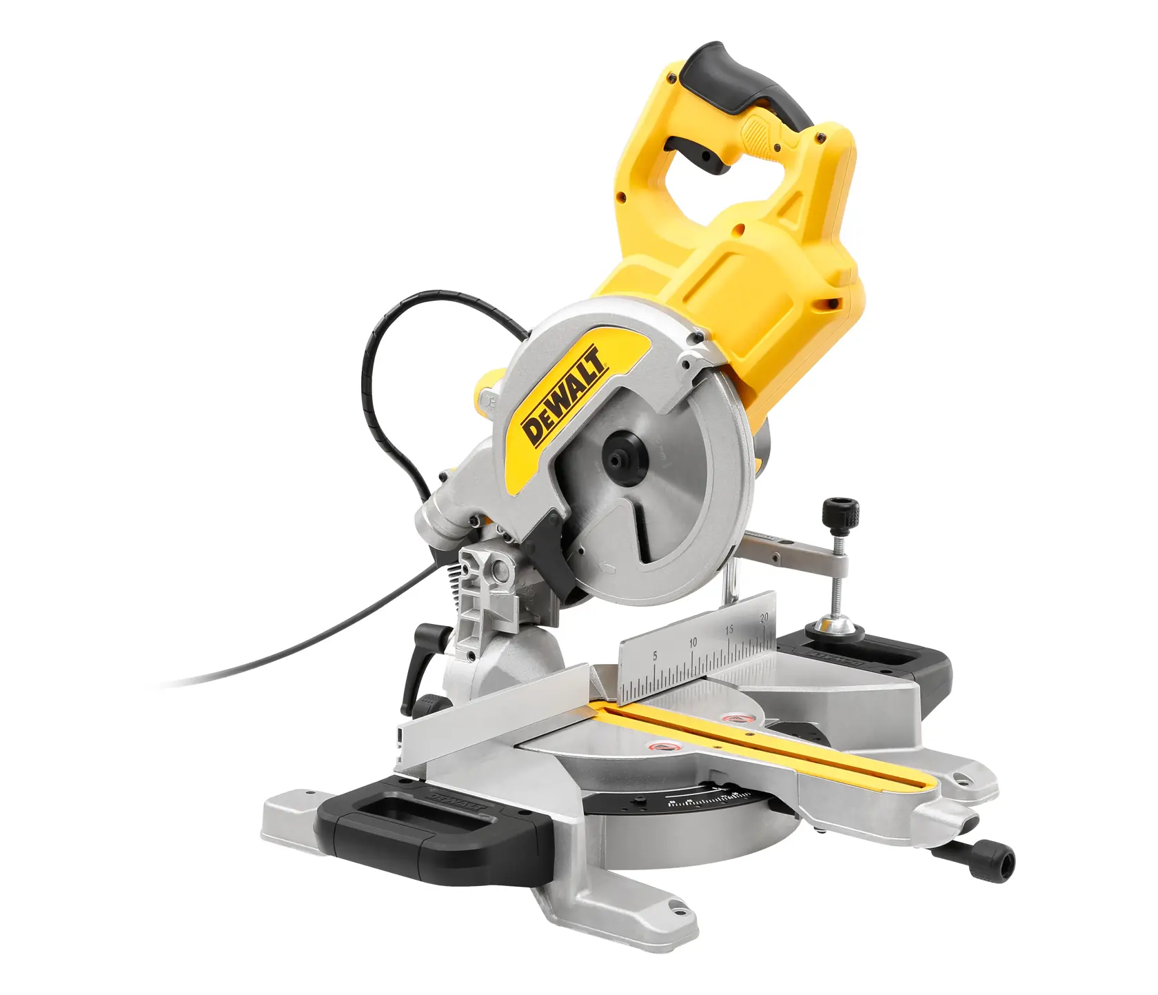 DEWALT DWS777 miter saw with yellow handle and blade guard, suitable for woodworking tasks.
