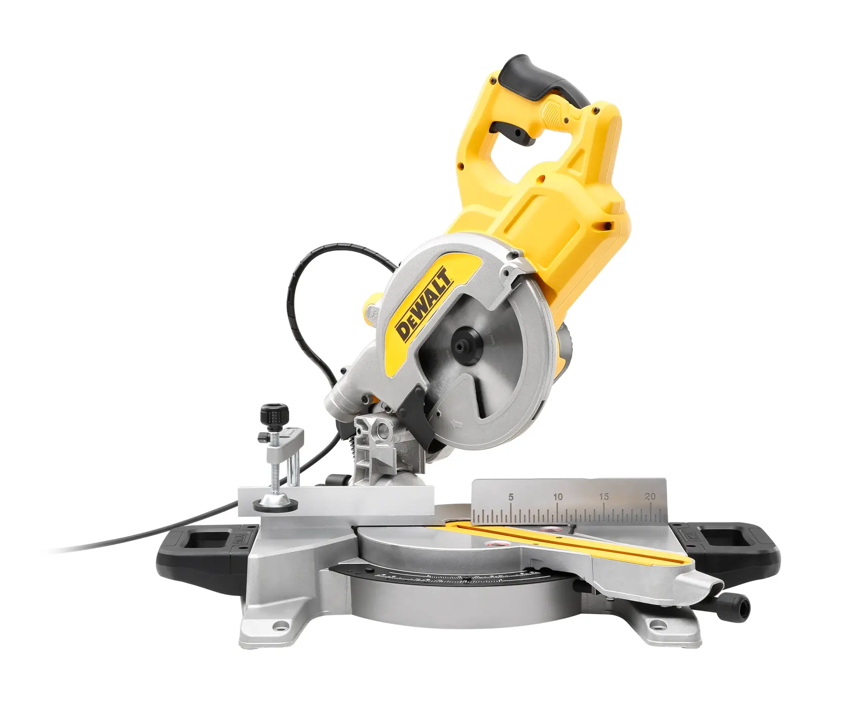 DEWALT DWS777 yellow and black mitre saw for woodworking, with ruler and adjustable base.
