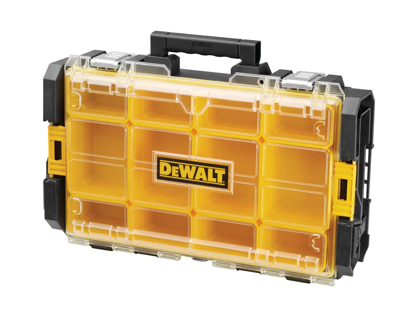 A DEWALT branded yellow and black plastic organizer case with a clear lid, multiple compartments, and a black handle. The case is designed for storing small tools, hardware, or accessories.