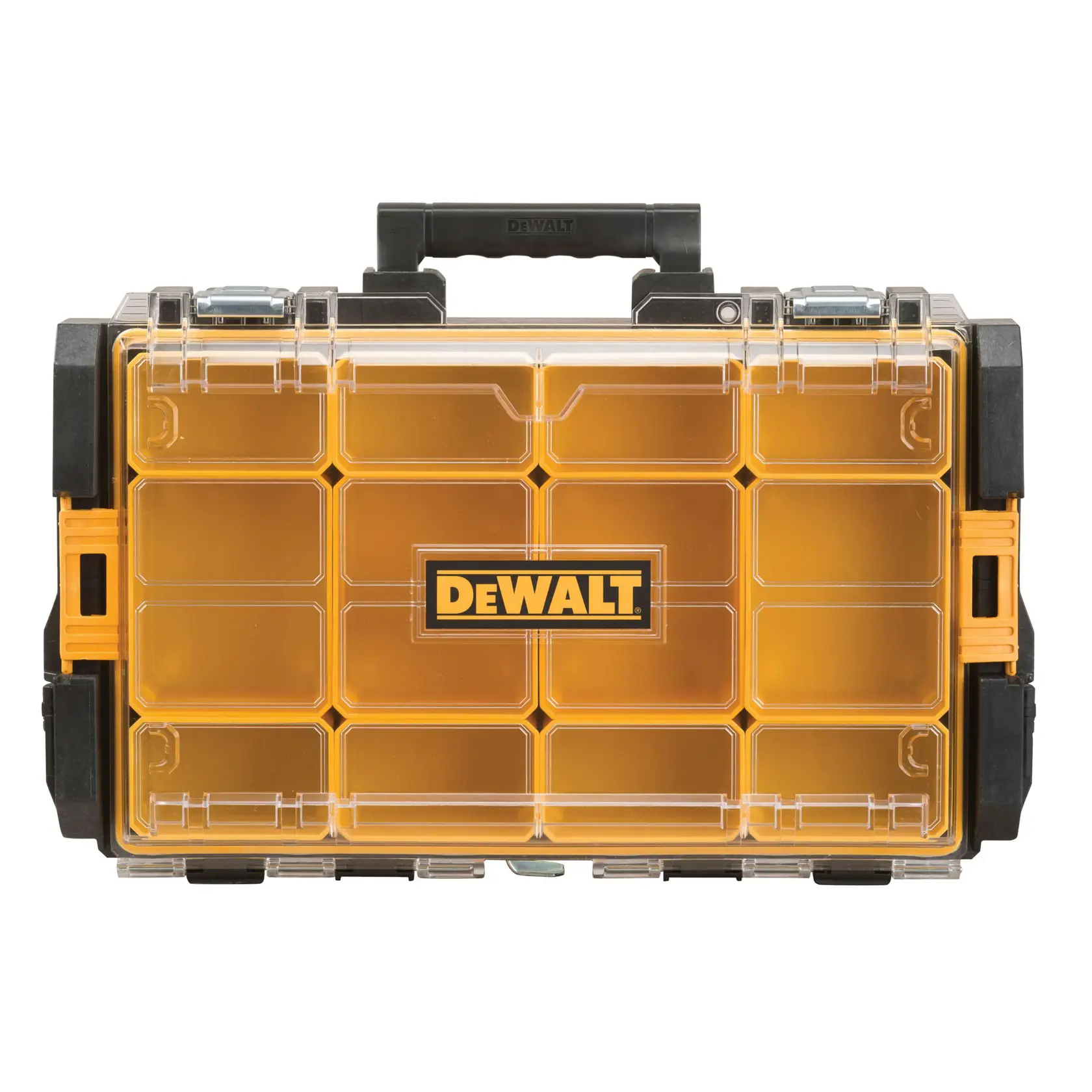 Graphique promotionnel DEWALT ToughSystem 2.0 avec le slogan 'Storage Built to Handle It' en grandes lettres jaunes sur un fond sombre texturé.