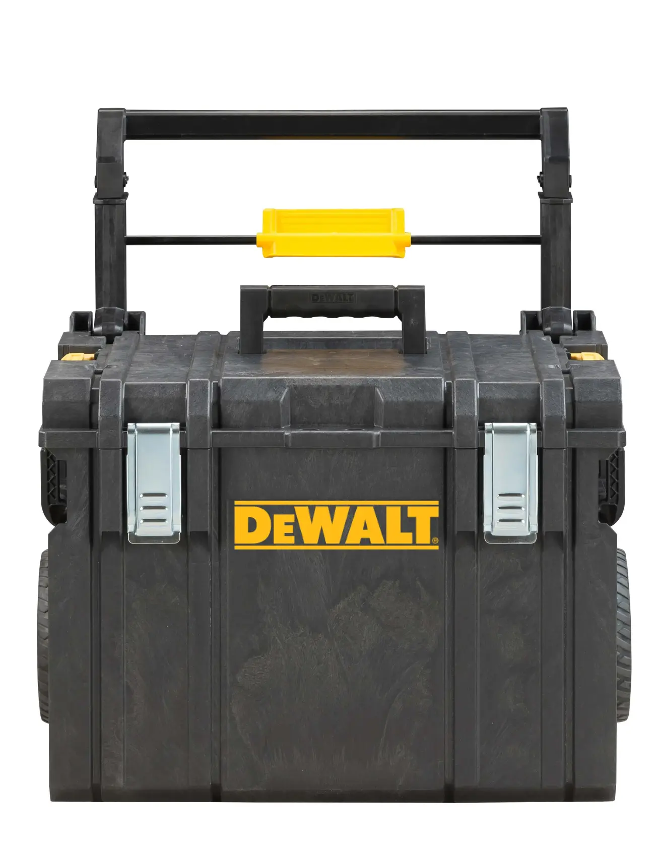 Front view of a black DEWALT rolling tool box with a yellow logo, sturdy handle, and metal latches.