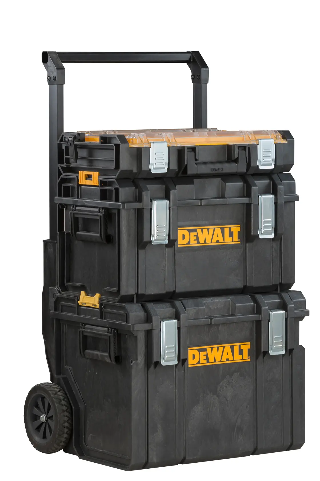 DEWALT ToughSystem 2.0 promotional graphic with the slogan 'Storage Built to Handle It' in large, bold yellow lettering on a dark, textured background.