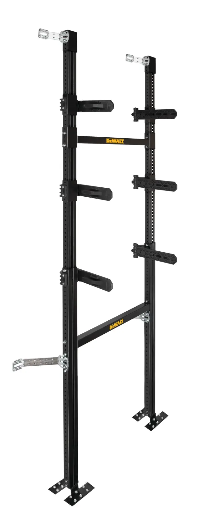 DEWALT DWST1-81042 adjustable black metal photography rack with multiple support arms and mounting brackets.