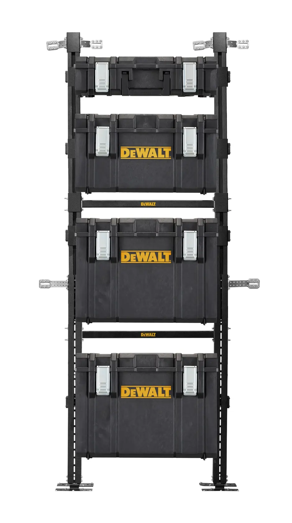 Graphique promotionnel DEWALT ToughSystem 2.0 avec le slogan 'Storage Built to Handle It' en grandes lettres jaunes sur un fond sombre texturé.