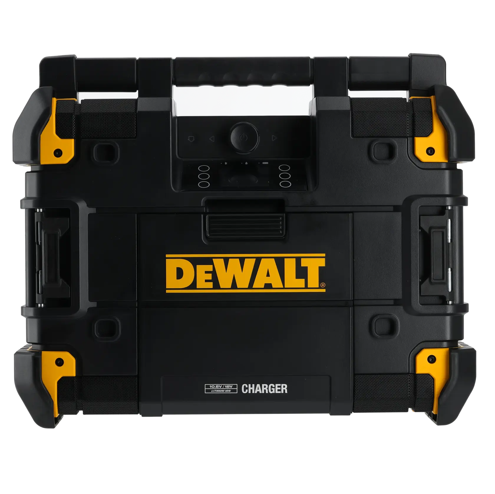 DEWALT portable black toolbox with yellow accents and built-in charger, robust design, top handle visible.