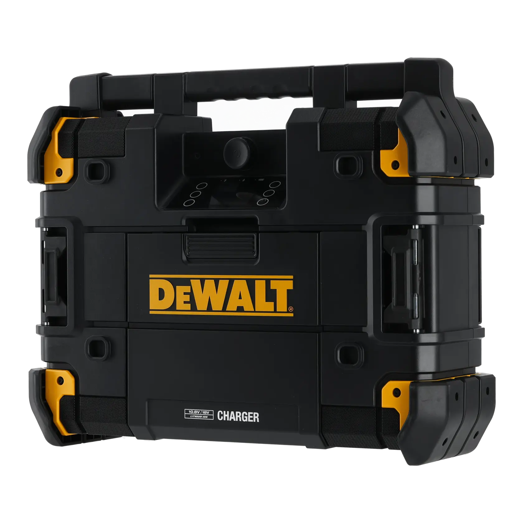 DEWALT black toolbox with yellow accents and handle, labeled charger on the front.