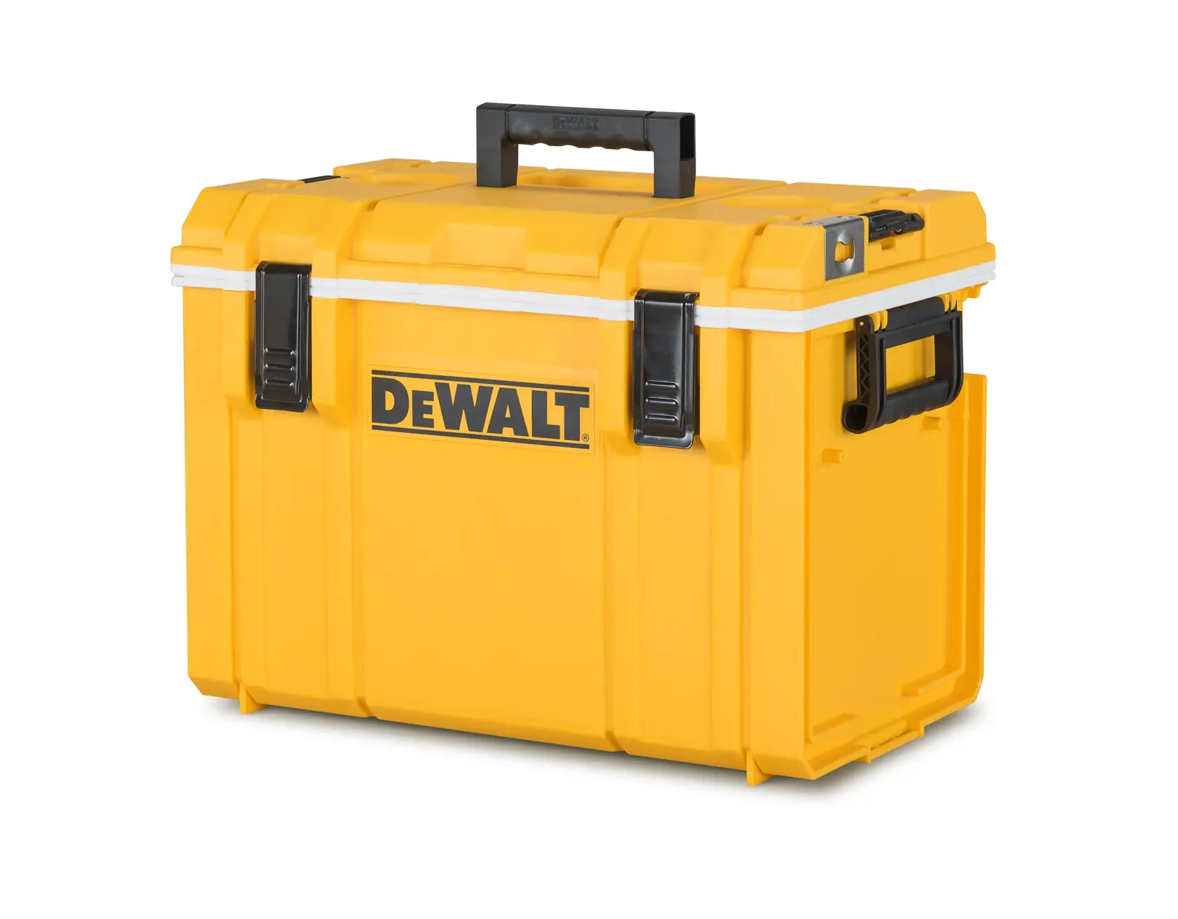 A yellow DEWALT toolbox with a black handle and two black latches on the front, designed for secure storage and transport of tools.
