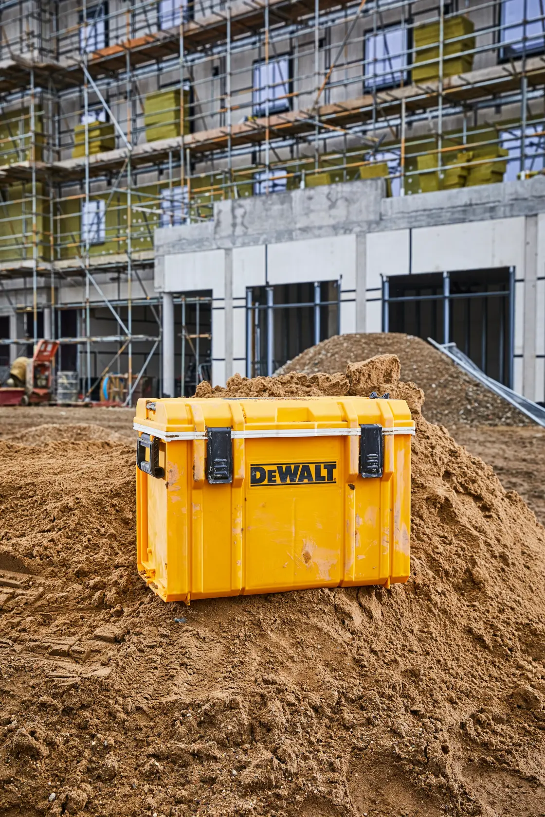 DEWALT ToughSystem 2.0 promotional graphic with the slogan 'Storage Built to Handle It' in large, bold yellow lettering on a dark, textured background.