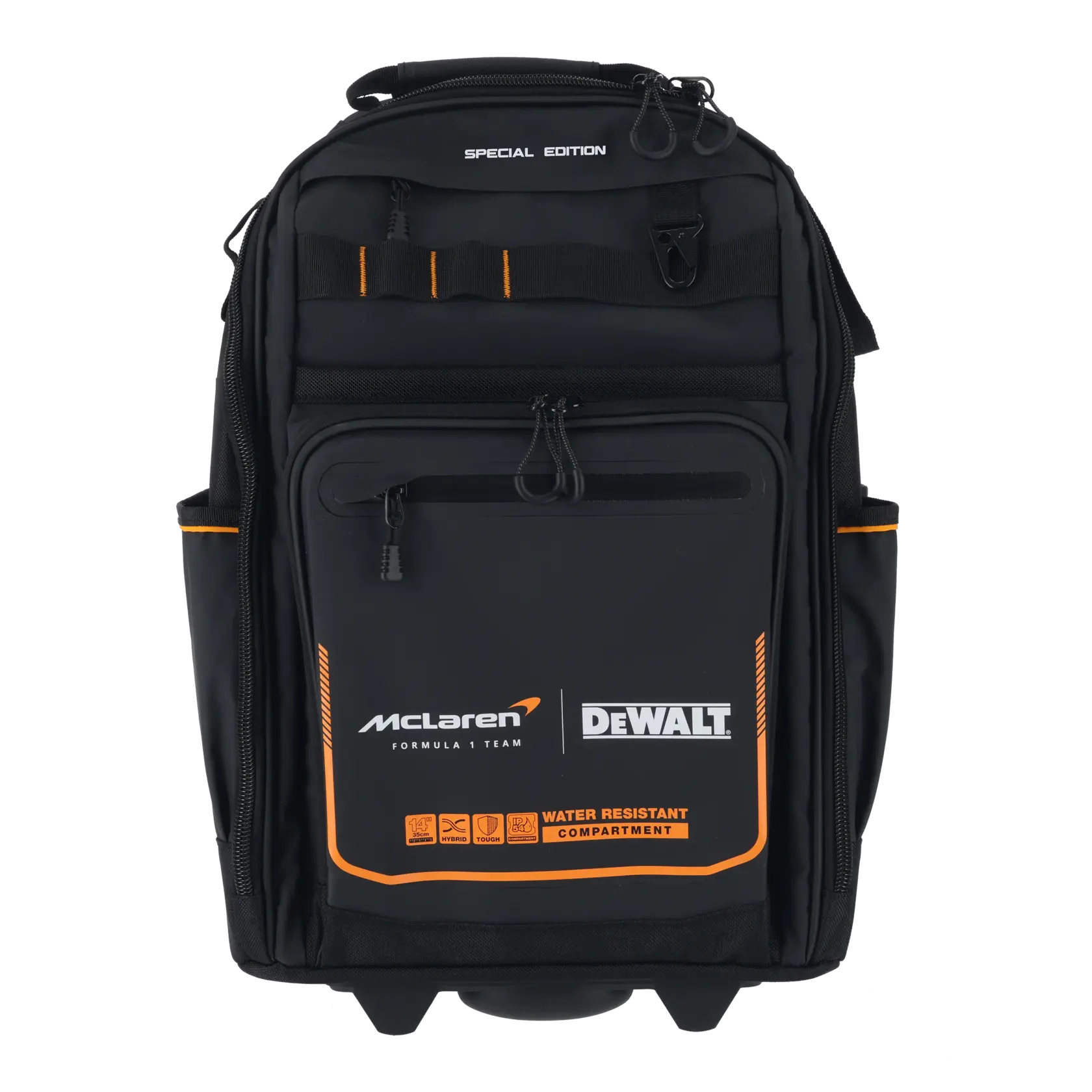 Black DEWALT McLaren backpack with orange trim, water-resistant compartment, special edition.