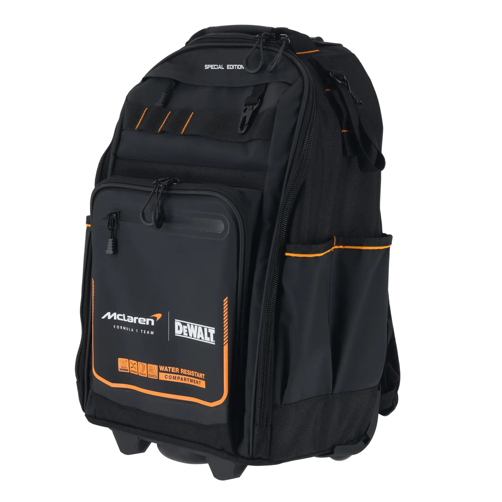 Black DEWALT McLaren backpack with orange accents and water-resistant front compartment.