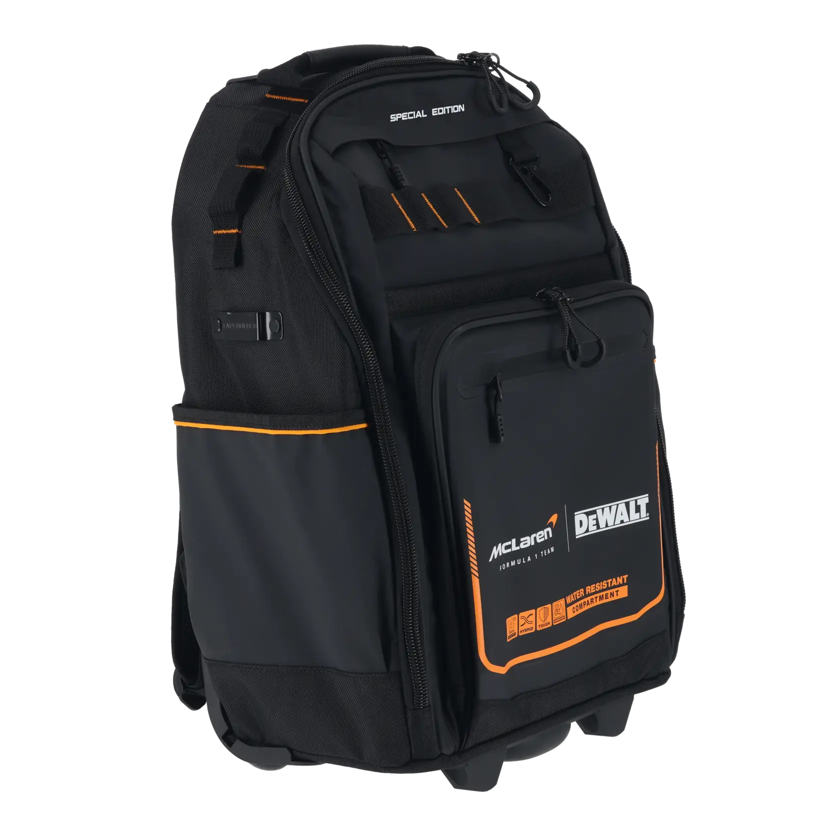 Black DEWALT McLaren special edition backpack with orange trim and multiple compartments.