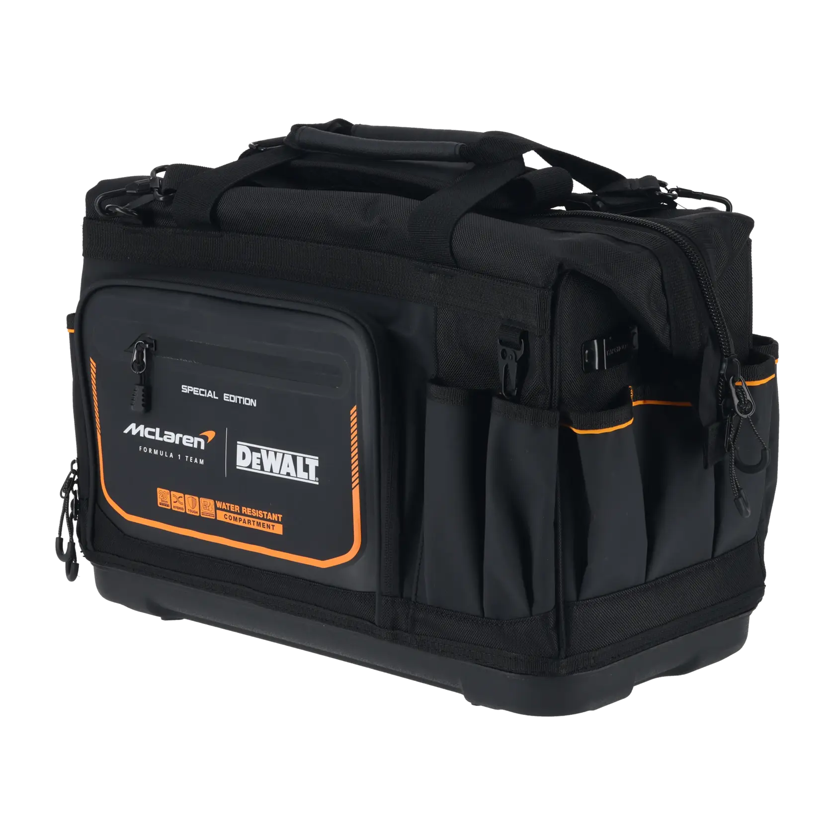 Bolsa de herramientas negra DEWALT McLaren edición especial con detalles naranjas y compartimento resistente al agua.