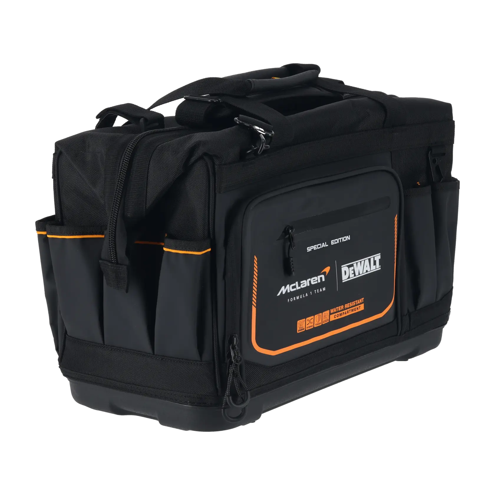 Bolsa de herramientas DEWALT negra con detalles naranjas, varios bolsillos, logos de McLaren y DEWALT, resistente.