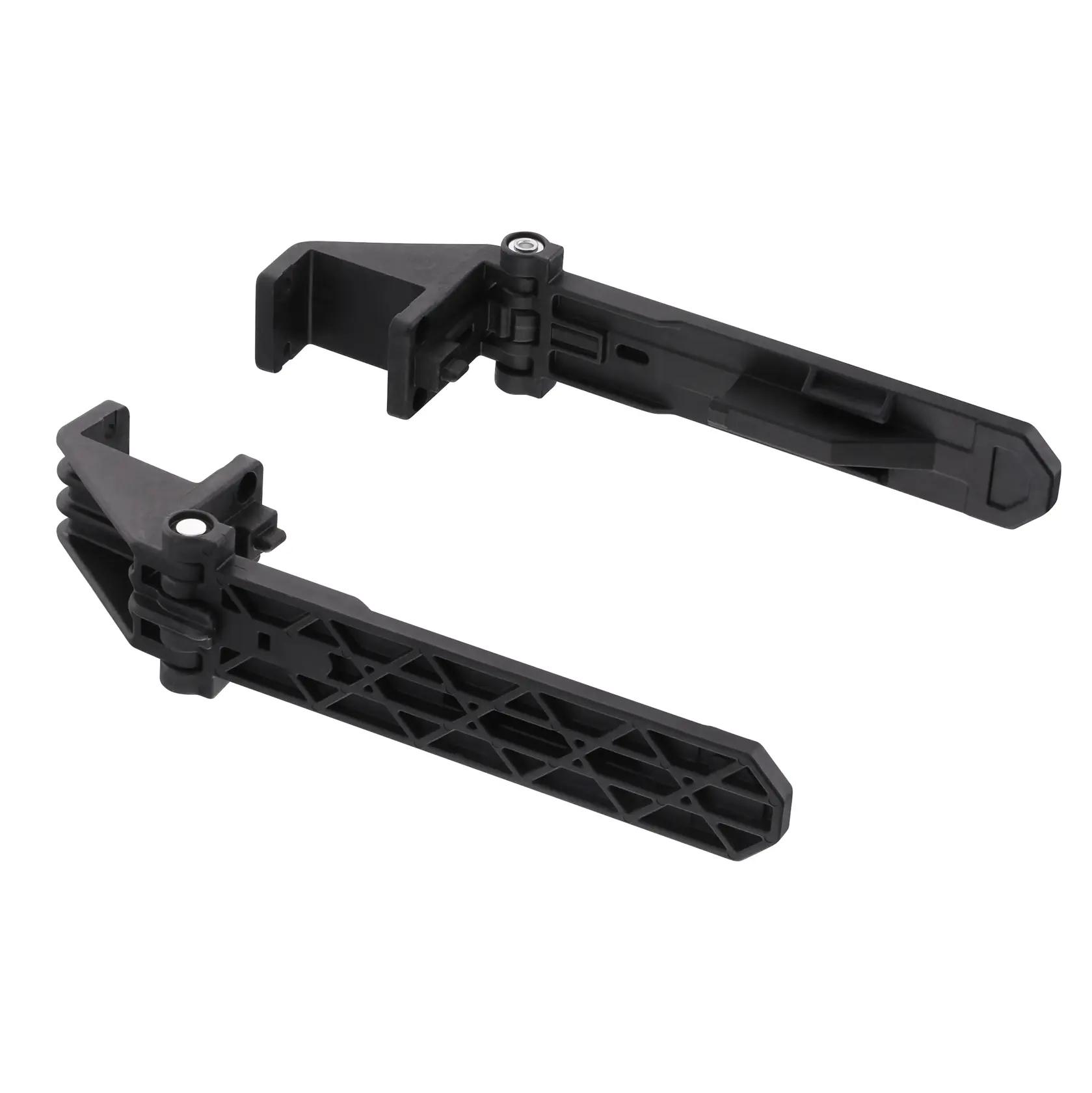 Two black, adjustable plastic arms with hinge joints, shown isolated on a white background. The arms appear to be a mounting or support accessory for tools or equipment.