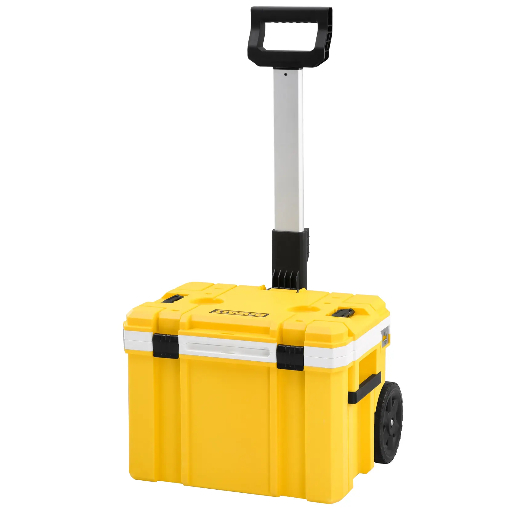A yellow DEWALT rolling toolbox with a black handle and wheels, suitable for storing and transporting tools.