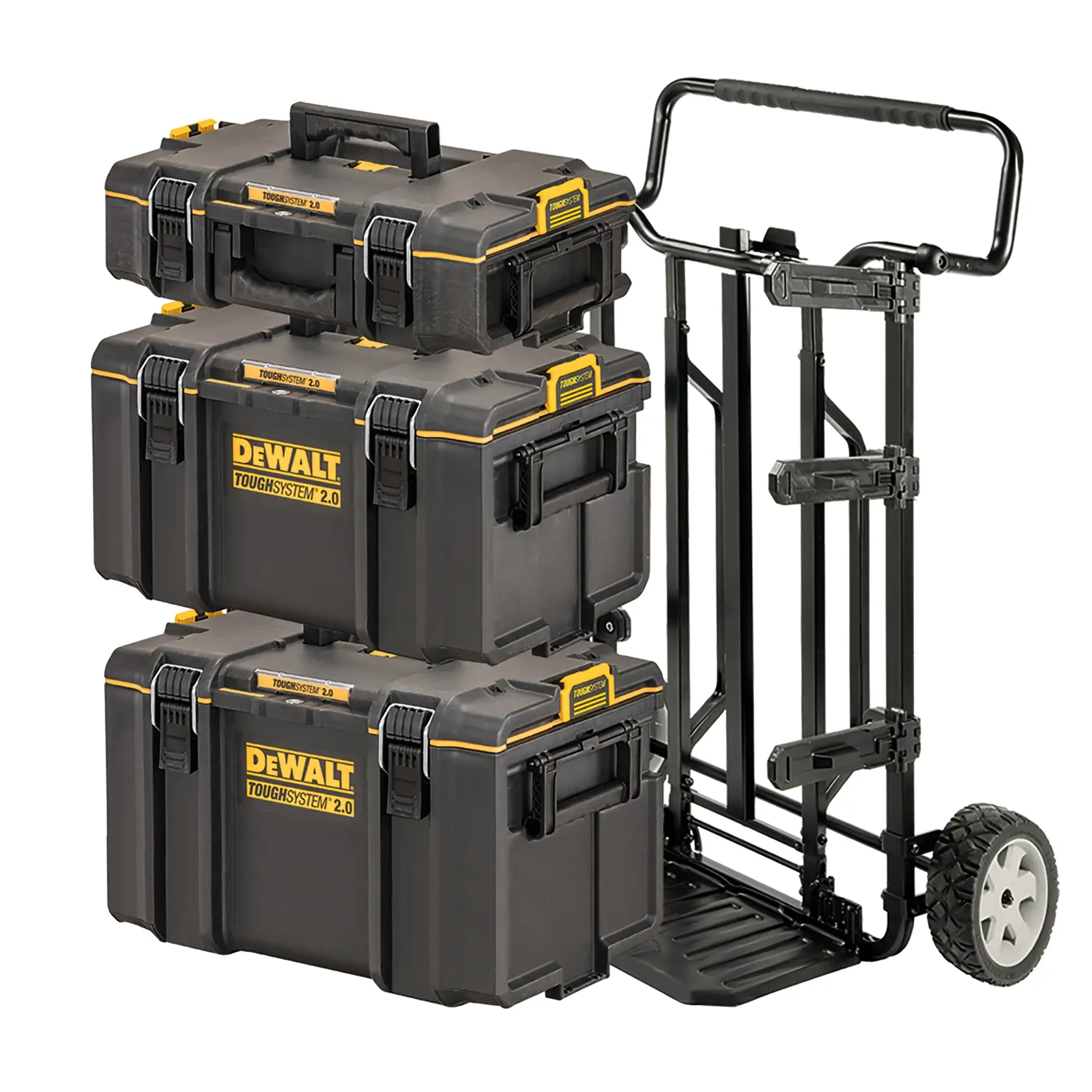 Three DEWALT ToughSystem 2.0 toolboxes stacked on a black rolling cart with large wheels.