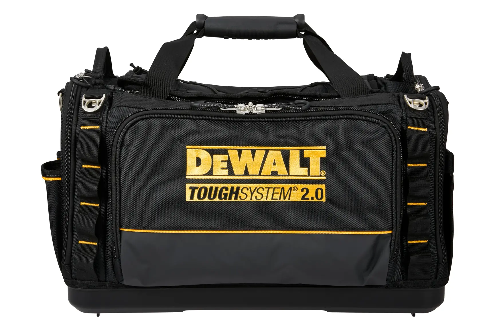 DEWALT ToughSystem 2.0 tool bag in black with yellow accents, featuring multiple compartments for storage.