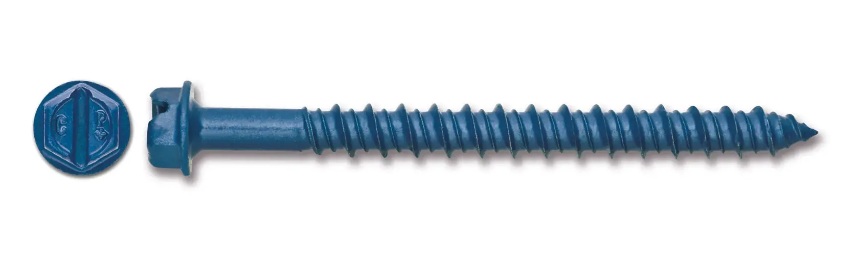 Blue screw with hex head shown from side and top view on white background.