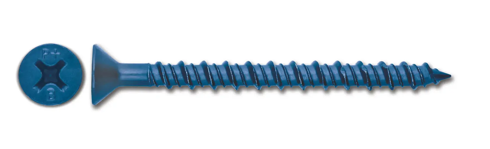 Blue Phillips flat-head screw with sharp tip for construction or woodworking, shown on white background.