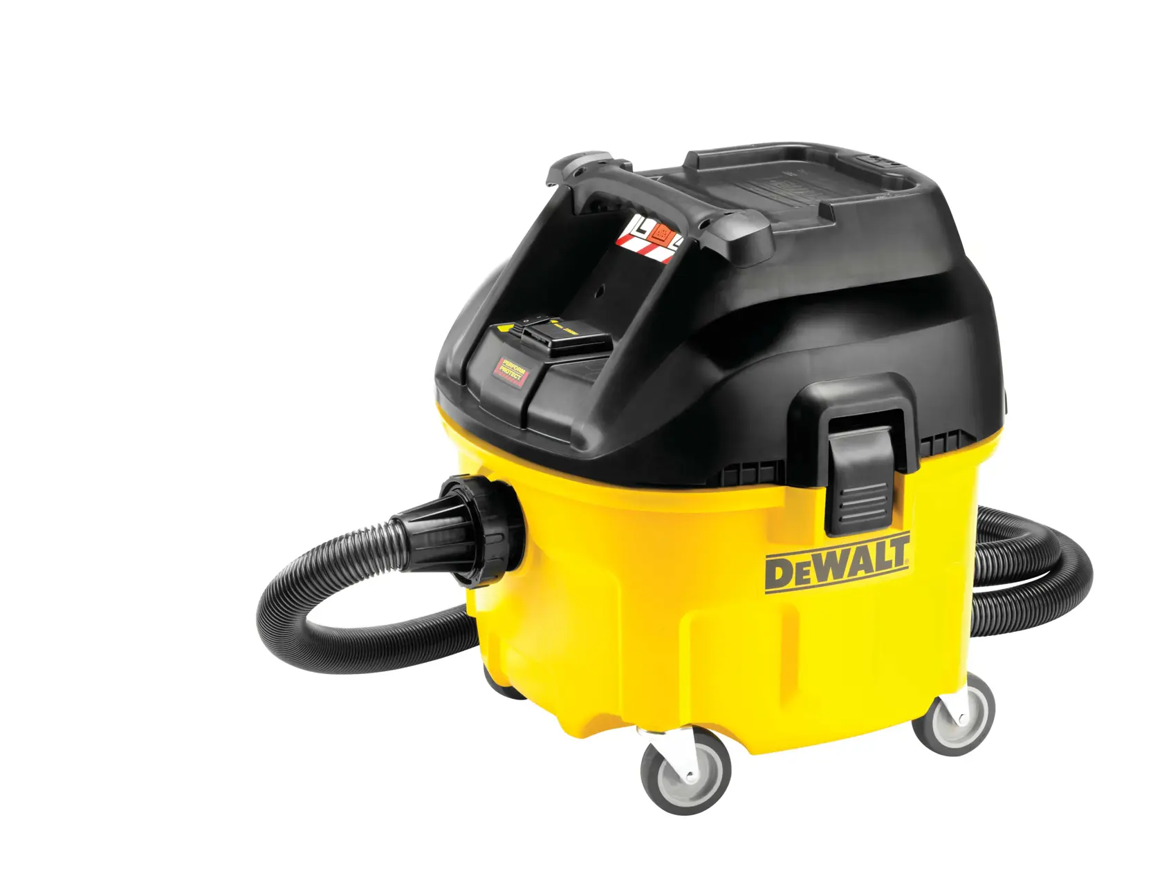 DEWALT yellow and black wet dry vacuum with wheels and hose, shown on a white background.